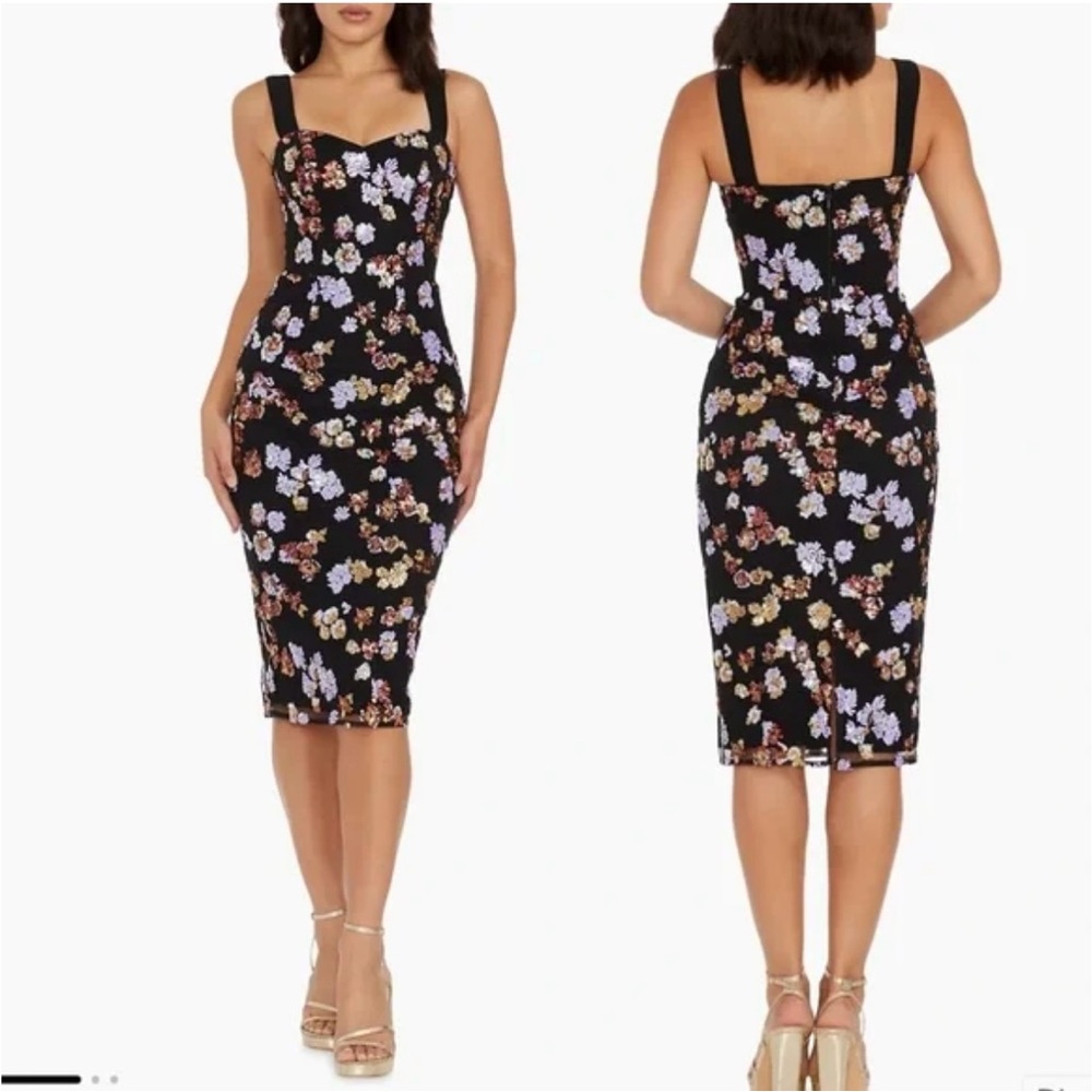 Dress the Population Black Purple Gold Bodycon Midi Dress - Picture 2 of 4